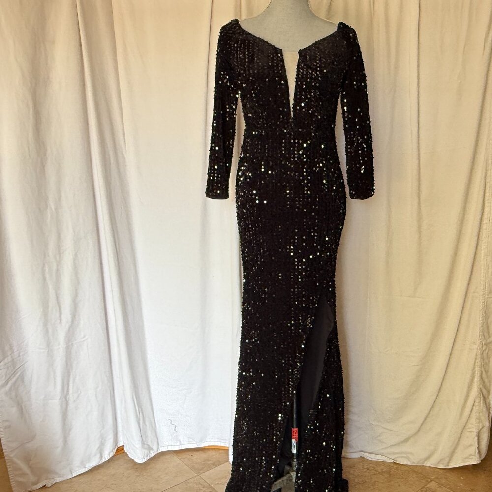 NWT Miss Ord A Elegant black sequin boat neck formal  Maxi dress slit thigh XL
